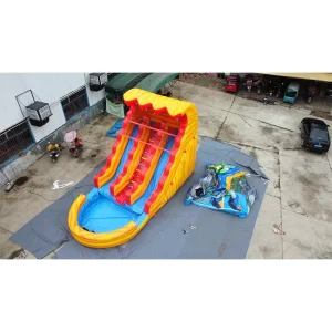 Seluncuran Air Inflatable Tropis Dua Jalur Komersial Seluncuran Dua Jalur dengan Kolam Renang Biru untuk Pesta Halaman Belakang