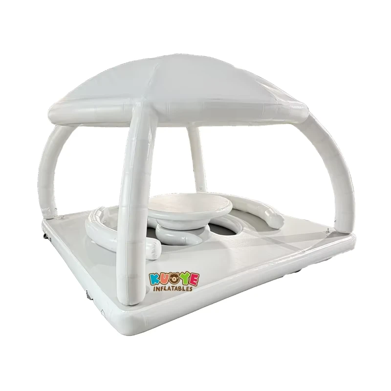 Lounge aquatique gonflable commercial, île flottante gonflable, dock flottant gonflable avec tente pour jouer et se détendre