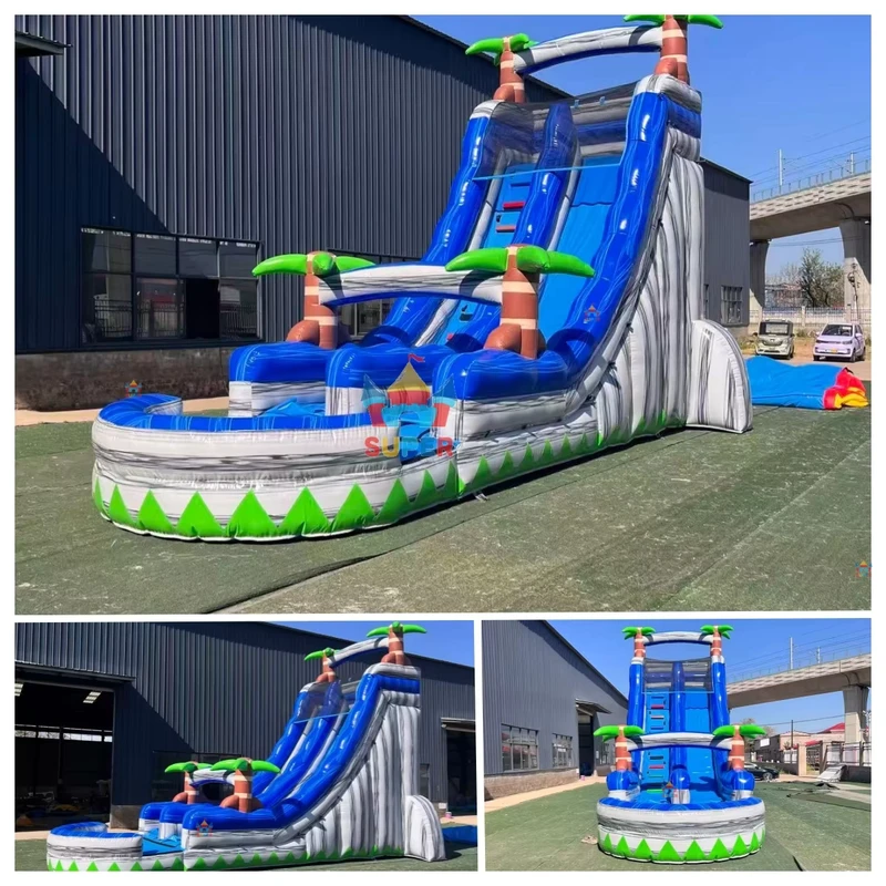 Tobogán de agua inflable comercial, tobogán inflable de palmera tropical con piscina para alquiler en fiestas al aire libre