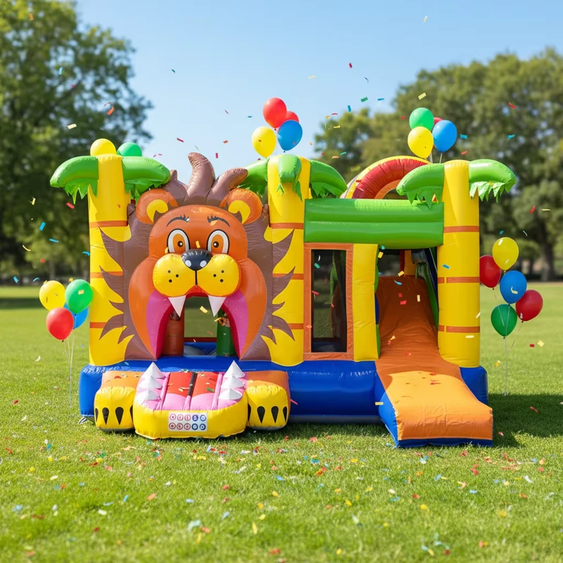 Combo Gonfiabile Commerciale Leone della Giungla con Scivolo e Giochi in PVC per Bambini