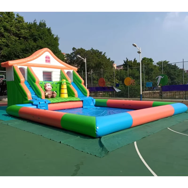 Commercial Jungle Monkey Inflatable Water Park Dual Slide Water Playground with Pool for Amusement Rentals