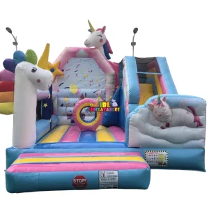 Gewerbliche Kinder Einhorn Aufblasbare Mini Combo Trockene Rutsche für Partys Hinterhof Sprungburgen PVC Reparatursets enthalten