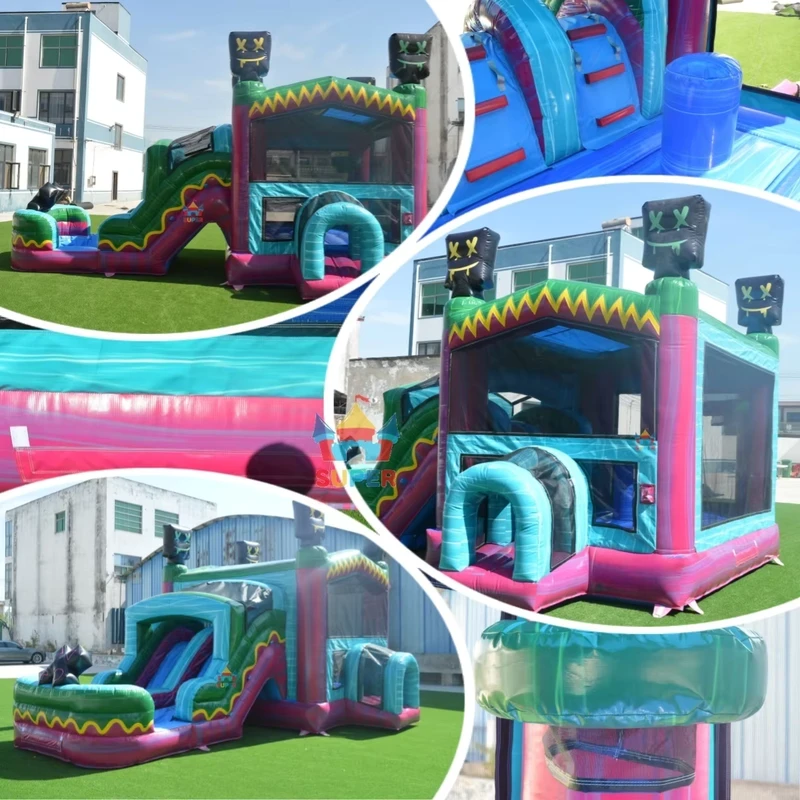 Combo Gonflable Style Néon Château Gonflable avec Double Toboggan pour Fête d'Enfants