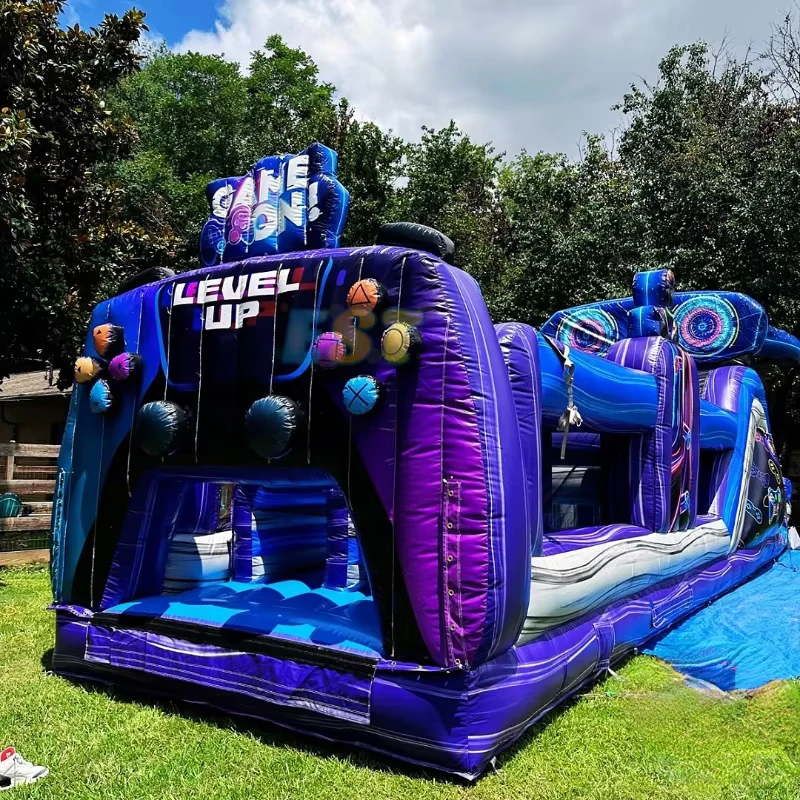 Curso de obstáculos comercial con tobogán, tema de juego, castillo inflable de carrera divertida para niños