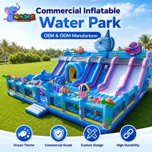 Commercial Ocean Theme Inflatable Castle 100sqm+ Shark Dolphin Bounce House Slide for Amusement Water Park Events