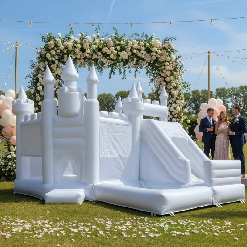 Commerciële buiten opblaasbare bouncerhuis voor witte bruiloften met combinatieglijbaan, witte kasteel bouncehuis