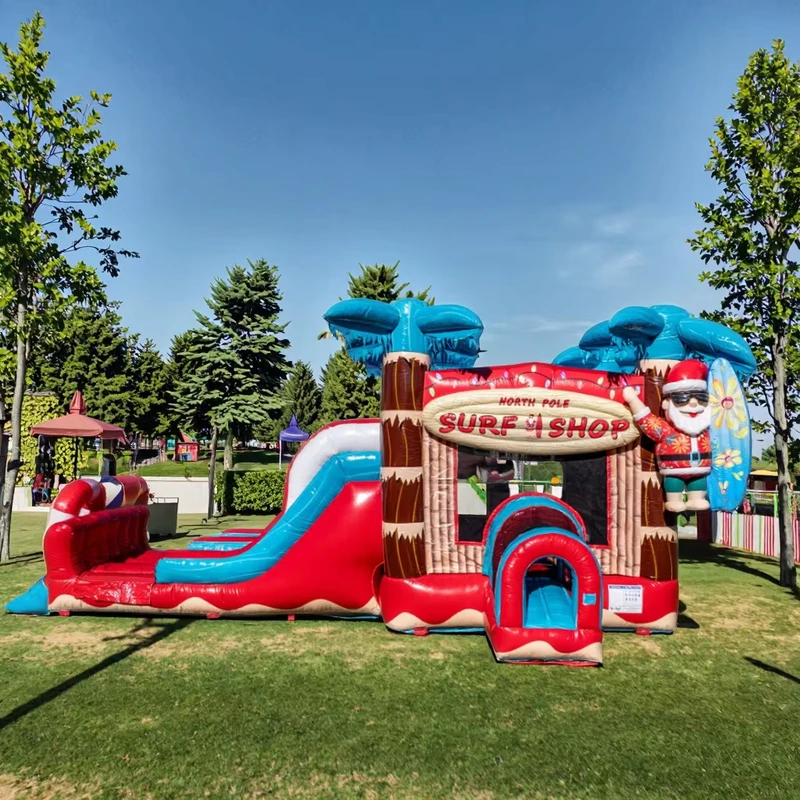 Maison Gonflable de Noël en PVC Commercial 0,55 mm Épaisseur avec Toboggan Design Père Noël Combo Souffleur Certifié CE Garantie de 3 Ans