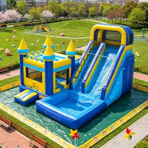Kastil Lompat Bouncy Classic PVC Biru dan Kuning Komersial, Rumah Lompat Inflatable dengan Seluncuran Basah dan Kering serta Kolam