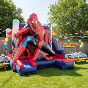 Castello gonfiabile a forma di Spider Man, combinazione di scivolo per feste per bambini, in PVC commerciale