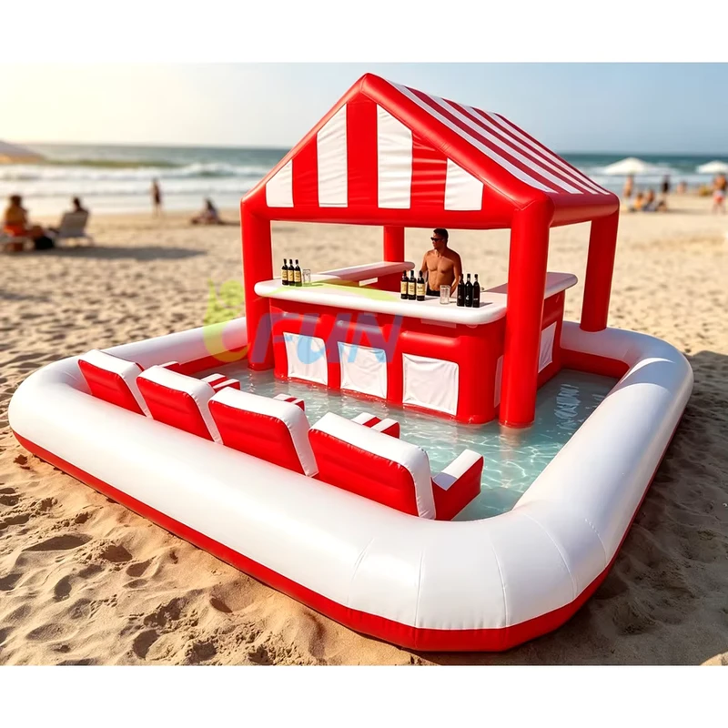 Bar Flutuante Inflável em PVC Comercial para Piscina - Ilha de Água com Cadeira de Lounge e Tenda para Festas de Verão ao Ar Livre
