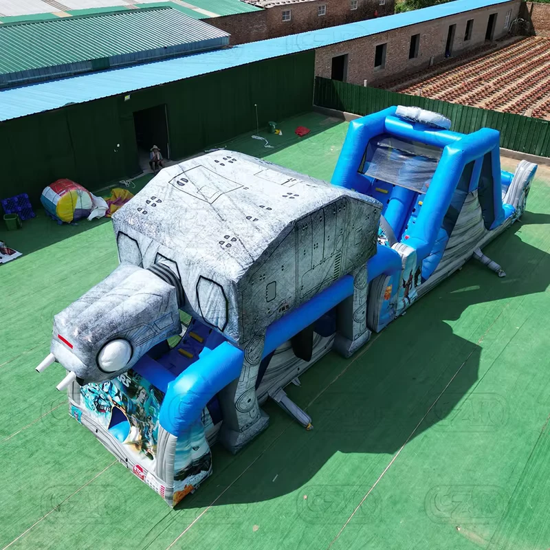商業用PVCターポリン製 スター型巨大長双レーンインフレータブルバウンサー ドライスライド ジャンプハウス 戦争障害物コース