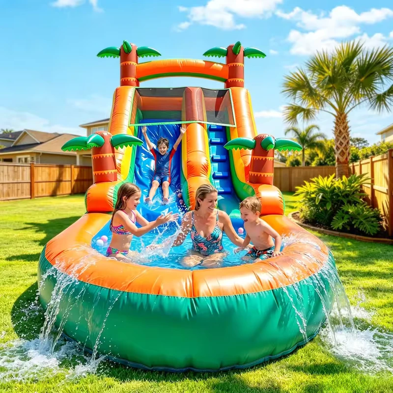 Escorrega de Água Inflável Comercial em PVC com Árvore Tropical para Adultos e Crianças com Piscina Profunda