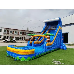 Commercial Party Water Park Backyard Palm Tree Jungle Waterslide Inflatable Blue Marble Tropical Water Dry Slide With Pool
