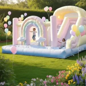 Commercial Pastel Color Rainbow Bounce House with Slide and Ball Pit Pool Rainbow Soft Play Inflatable Bouncer Combo for Kids