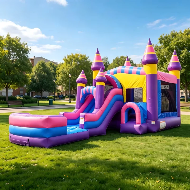 Rumah Loncat Inflatable Pastel Komersial dengan Seluncur Air dan Kolam Percikan Combo untuk Sewa Acara Ulang Tahun Anak-anak