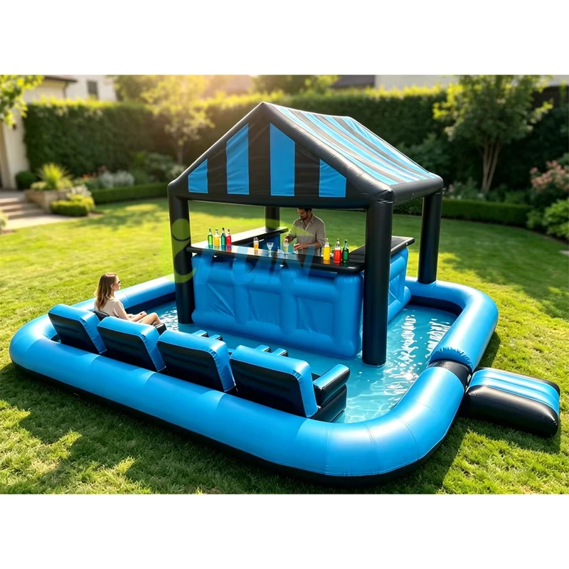 Commercial Pool Bar Inflatable Floating Cocktail Bar Island Water Party Lounge Couch Seating Station for Event Rental Business