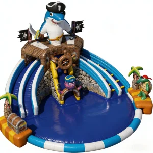 Commercial Residential Grade PVC Outdoor Pirate Shark Themed Inflatable Water Slide Dual Lane 12m Dia 500kg Capacity Over 10