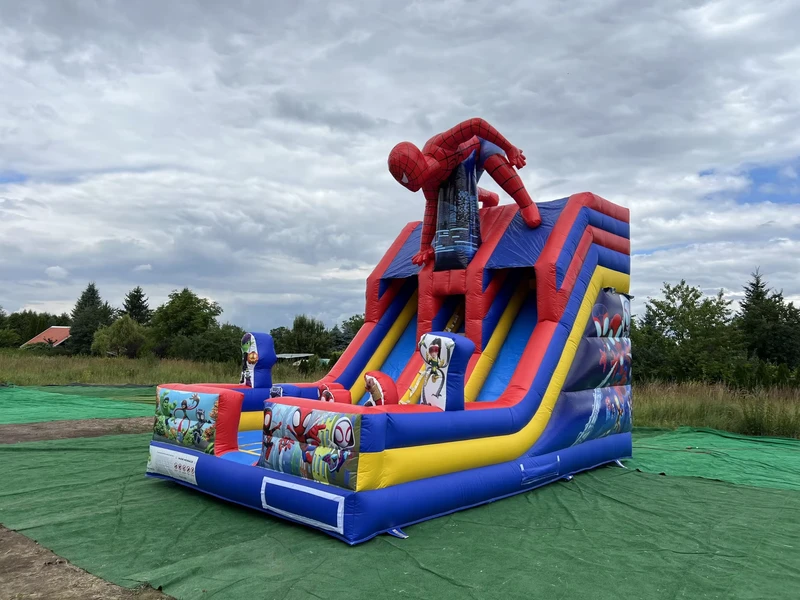 Lâu đài nhảy bơm hơi Spider Man thương mại, Siêu anh hùng, Cầu trượt đôi, Cầu trượt khô, Chất liệu PVC, Chứng nhận CE, Bảo hành 3 năm