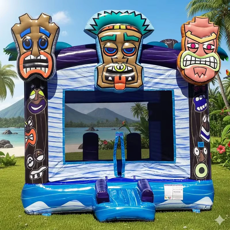 บ้านกระโดดแบบพาณิชย์ Tiki Totem ขนาดใหญ่แบบพอง สไตล์ฮาวาย พร้อมสไลด์ ขนาด 200 กก. ปรับแต่งได้ เป็นมิตรกับสิ่งแวดล้อม