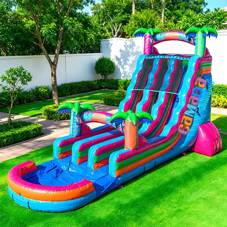 Gewerbliche Tropen-Dschungel aufblasbare Doppelbahn-Wasserrutsche mit Splash-Pool, aufblasbare Burg-Rutschen-Kombination für Outdoor-Party-Verleih