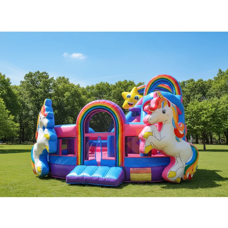 Château gonflable licorne commercial, combo de sauteurs, maison de rebond gonflable avec toboggan sec pour fête