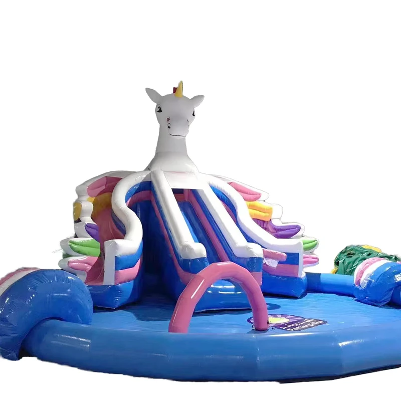 Kommerzieller Einhorn PVC Inflatable Wasserrutsche Pool Regenbogen Nass-Trocken-Rutsche Kinder Splash Sommer Wasserpark Wohnbereich Garten