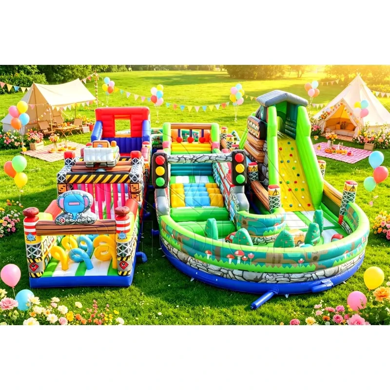 Corso di Ostacoli Gonfiabile a Tema Traffico Urbano Commerciale 0.55mm PVC Resistente ai Raggi UV per Eventi per Bambini Noleggio di Divertimenti