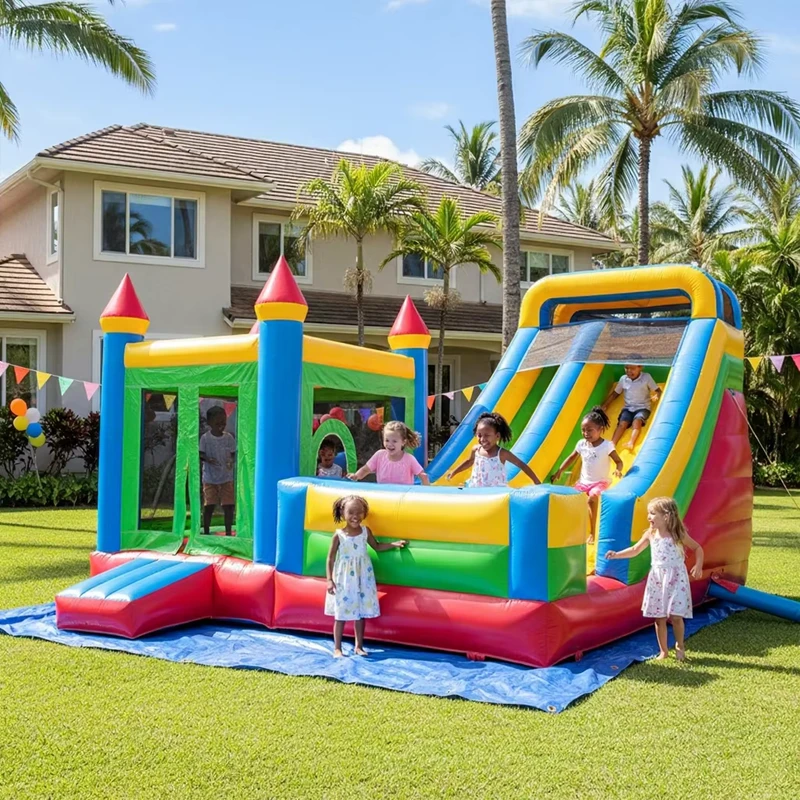 Castillo inflable de rebote combinado con tobogán húmedo y seco para niños y adultos
