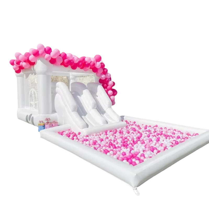Kastil Loncat PVC Putih Inflatable Pernikahan dengan Kolam Bola Besar