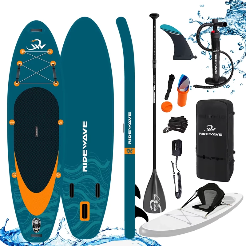 Set Lengkap Papan Selancar Tiup Stand Up 10'6" ISUP dengan Paddle Karbon, Pompa, dan Tas Papan Selancar