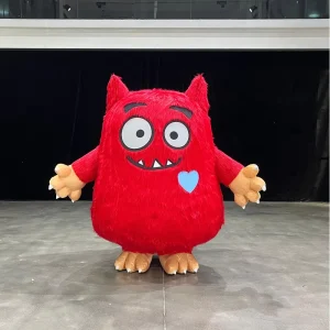Creatief Ontwerp Rode Monster Mascotte Kostuum met Grote Ogen, Tanden, Oren, Handen, Voeten, Blauwe Hart, Waterdicht