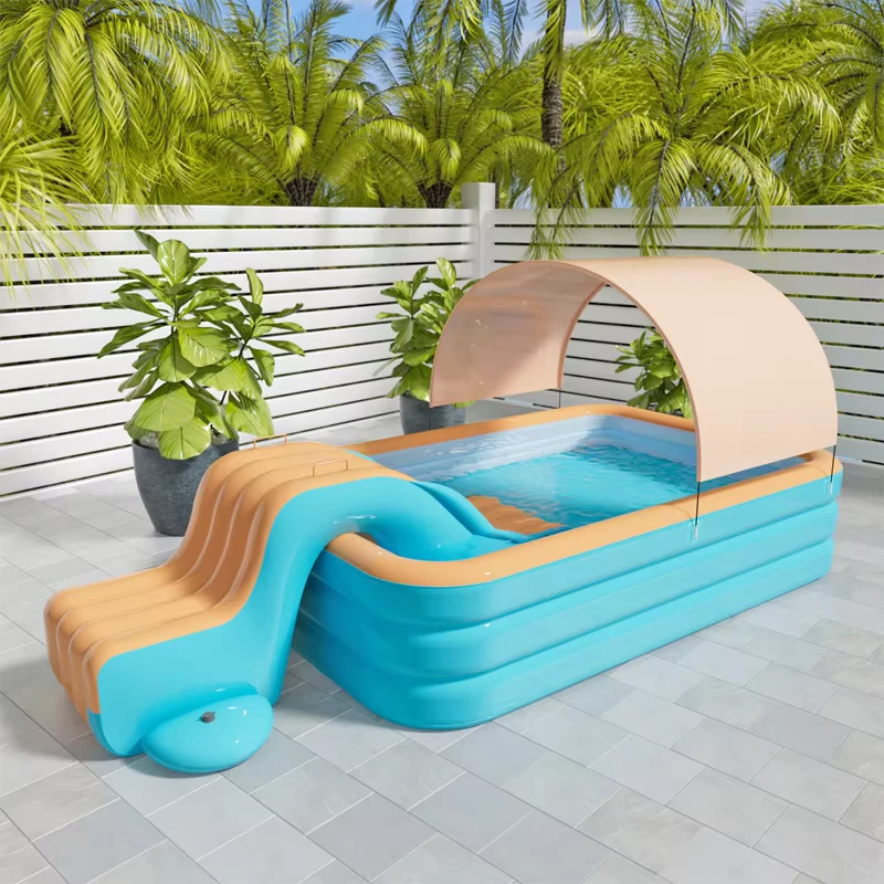 Piscina Inflável Grande e Dobrável em PVC para Crianças, Forma Retangular, Proteção Solar, 0.27mm de Espessura