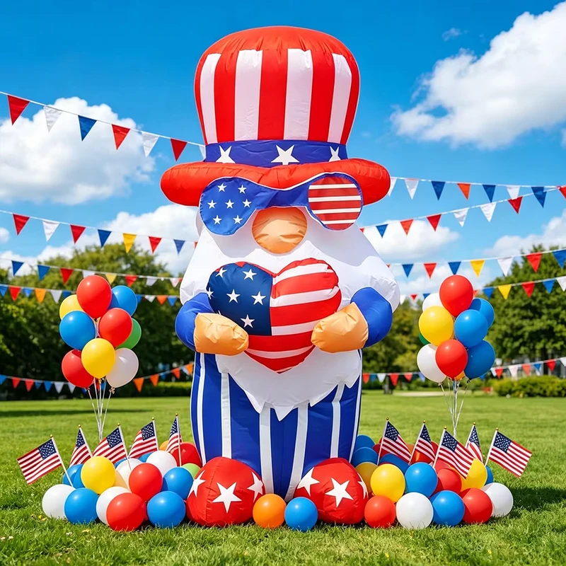 Cross Border U.S. Independence Day Inflatable Heart Holding Dwarf Figurines for Outdoor Yard Decor with LED Lighting