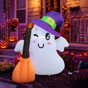 Cross border 1.2-meter Halloween Inflatable Figure Wearing Wizard Hat White Ghost LED Lights Outdoor Yard Ornament
