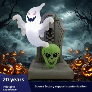 Grenzüberschreitendes 15m Halloween Aufblasbares Gespenst Grabstein Grüner Skelett LED Licht Polyester China Luftmodell Hofdekoration