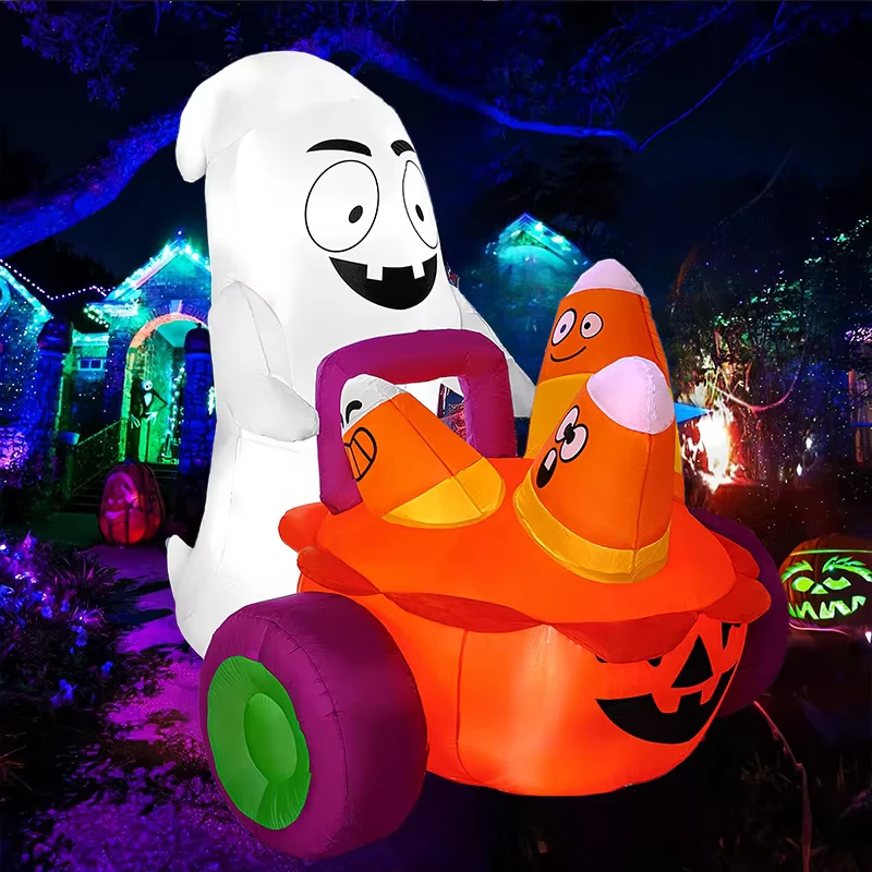 クロスボーダー ハロウィン 5FT インフレータブル ゴーストカー カボチャ＆トウモロコシの装飾 ライト付き 屋外庭用