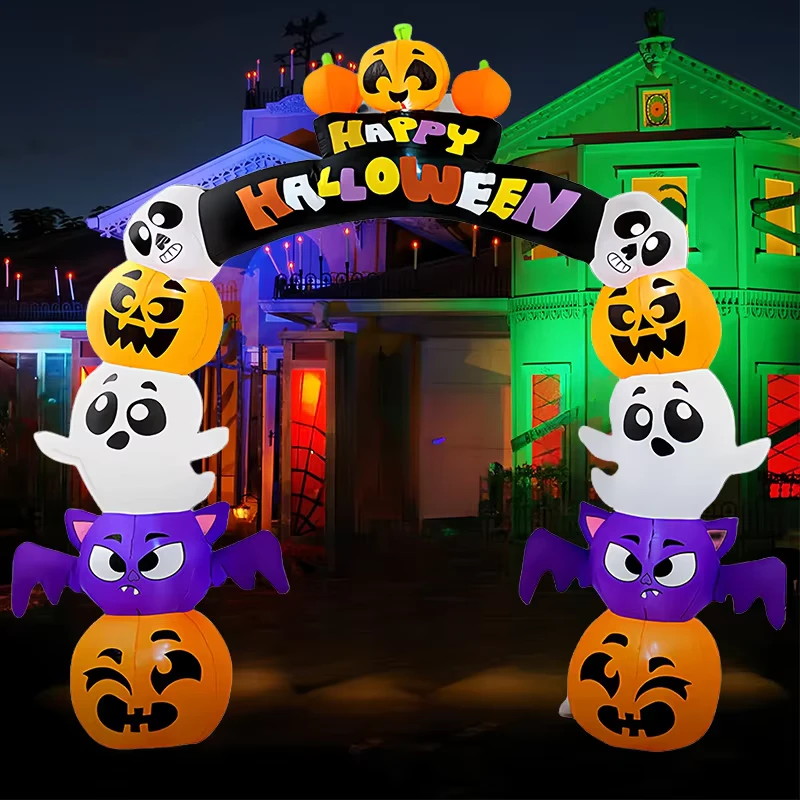 Arco Grande de Calabaza Fantasma Vampiro Inflable de Halloween para Exteriores con Luz LED para Decoración de Jardín