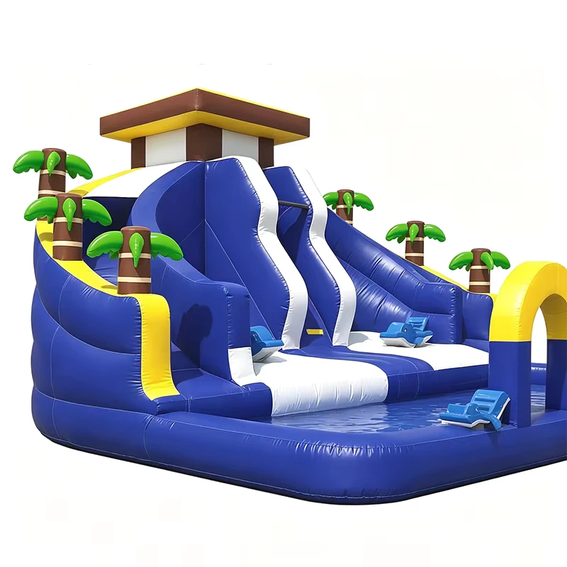 Château gonflable commercial extérieur de 9*7m, 63m², toboggan aquatique, maison gonflable avec piscine pour enfants