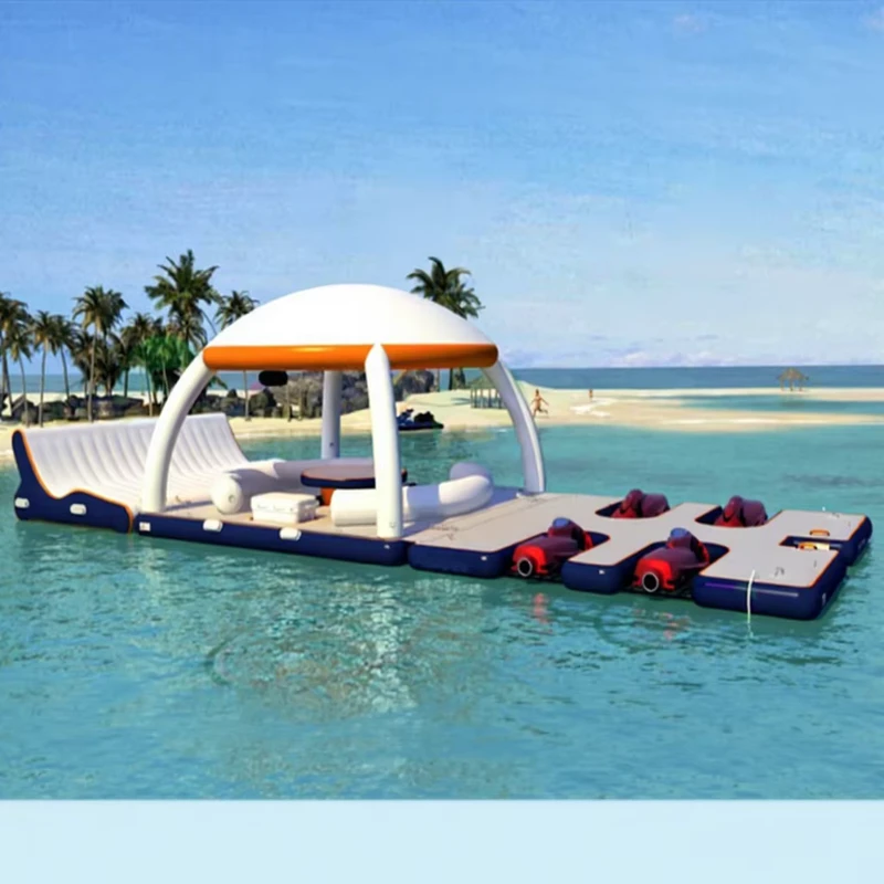 Aangepast Ontwerp Opblaasbare Jetski Dock Drijvende Platforms Opblaasbare Water Raft Jacht Eiland Opblaasbare Feest Banas met Tent