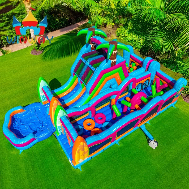 Parcours d'obstacles gonflable sur mesure avec toboggan et piscine en PVC 0,55 mm pour aire de jeux extérieure pour enfants et location de fête