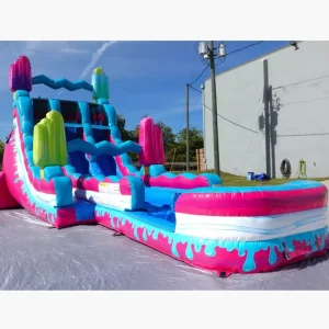 Scivolo gonfiabile a tema gelato a doppia corsia con piscina, chateau gonflable, scivolo d'acqua gonfiabile per feste in affitto