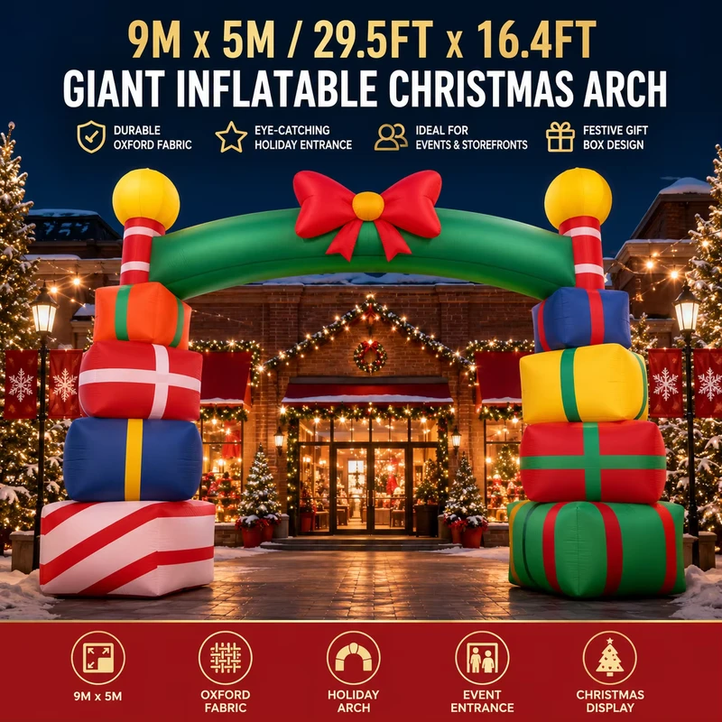 カスタムインフレータブル 9M X 5M ジャイアントクリスマスギフトアーチ（ホリデーイベントおよび店舗入口用）