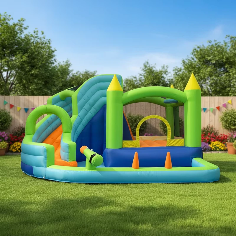 Custom Inflatable Bouncy Castle with Water Slide for Wet or Dry Play Plus Trampoline Climbing Wall Ball Pit & Play Cannon