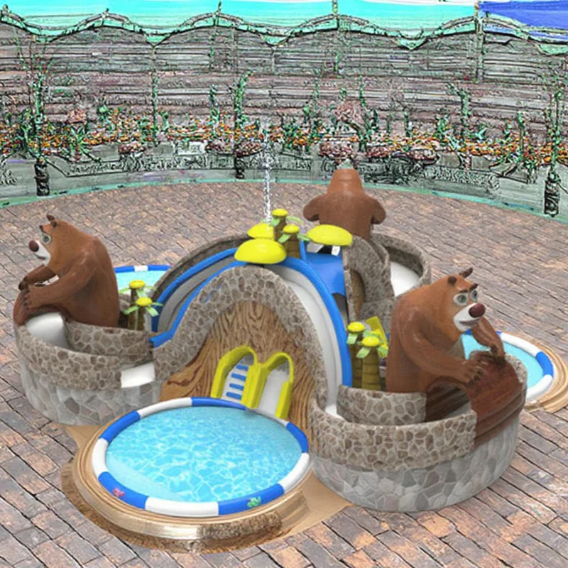 Custom Inflatable Cartoon Bear Style Water Park with Slide for Public Square or Resort Amusement