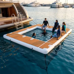 Plataforma flotante inflable personalizada con red para yate, mar, lago y piscina