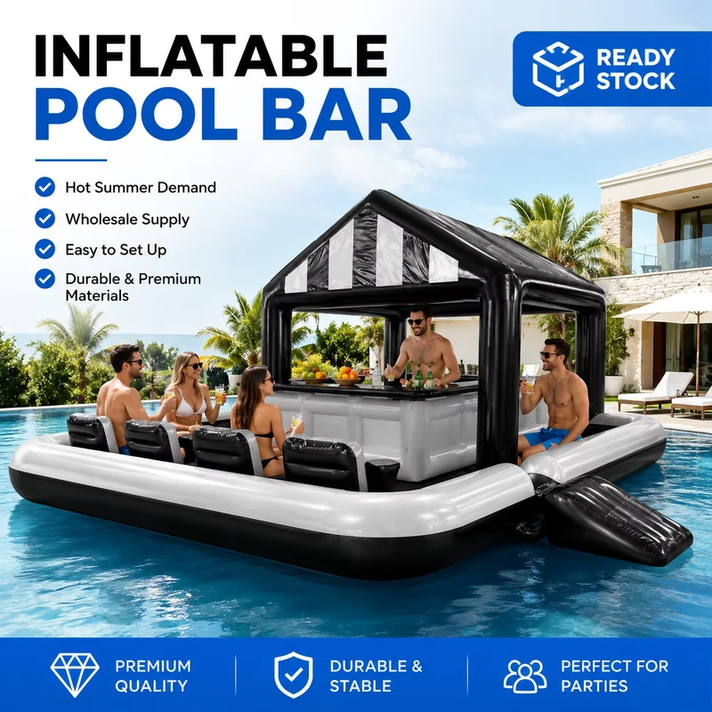 Bar Kolam Terapung Inflatable Mewah Kustom dengan Atap Matahari Bergaris, Bar Air untuk Banyak Orang di Resor Pantai Danau