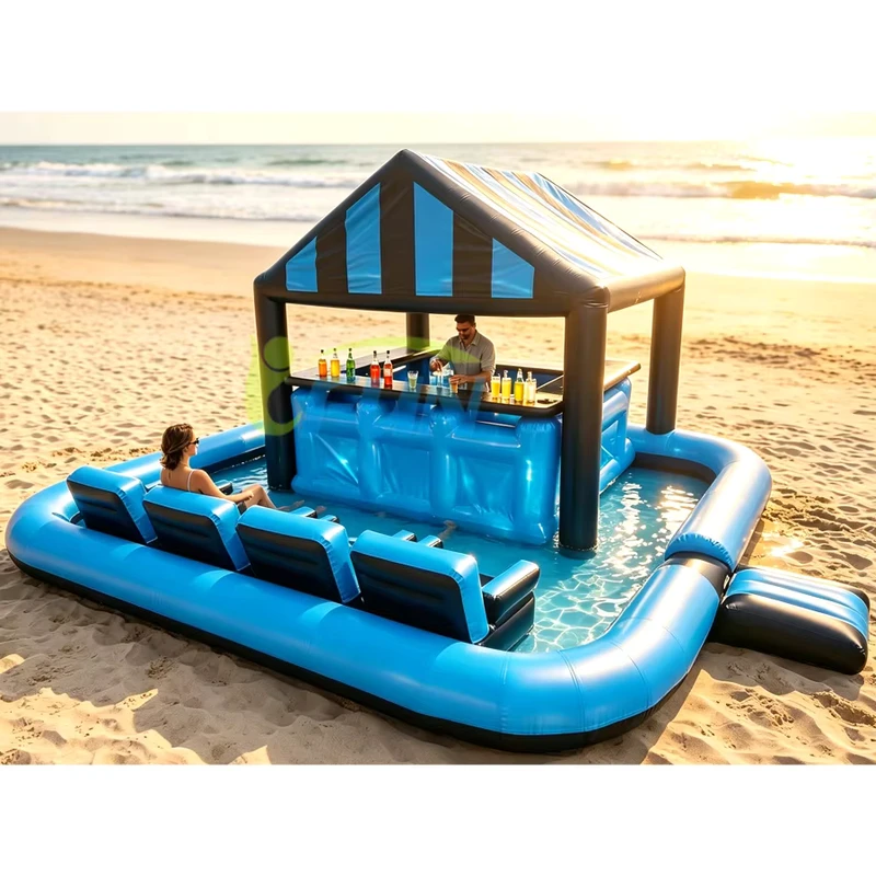 Barra Flotante de Isla Inflable de Lujo Personalizada con Techo de Dosel, Barra de Agua para Resort y Club de Playa