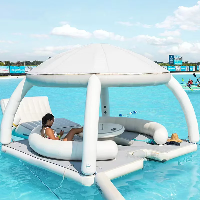 Pulau Air Inflatable Kustom Blow Up Dock Inflatable dengan Atap Lounger Air