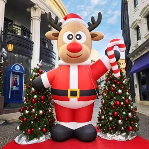 Alce Gonfiabile Personalizzato in Costume da Babbo Natale con Bastoncino di Zucchero per Decorazioni Natalizie