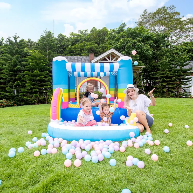 Castelo inflável colorido 0xford com impressão de logotipo de tamanhos personalizados, casa de saltar com escorrega e piscina de bolas